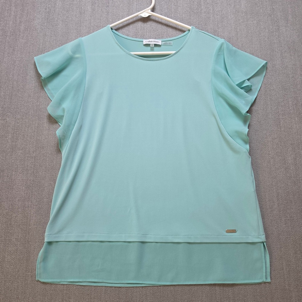 Calvin Klein Blouse Women S Mint Green Flutter Sleeve Tiered Hem Top